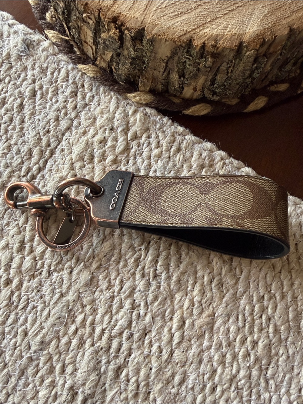 Coach Brown Signature Canvas Key Loop with Copper-Tone Clip